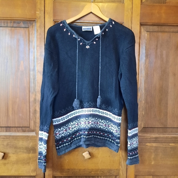 Vintage Y2K Erika & Co. black Nordic fair isle knit v-neck sweater size medium - Picture 1 of 12